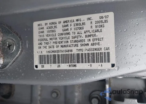 2007 Honda Accord 3.0 Ex from USA, damaged, VIN 1HGCM66557A104898